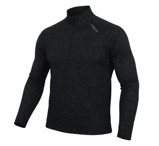 Prewornwholesale TOG24 black long sleeve activewear top with a quarter-zip neck and subtle geometric pattern