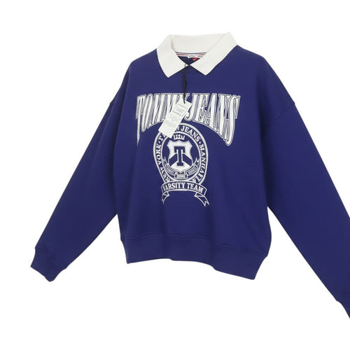 Prewornwholesale Tommy Jeans blue pullover sweatshirt with white collar and varsity logo print on chest