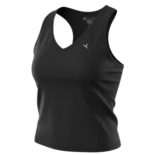 Prewornwholesale Tomyos women's black V-neck tank top with a racerback design for gym and athletic training.