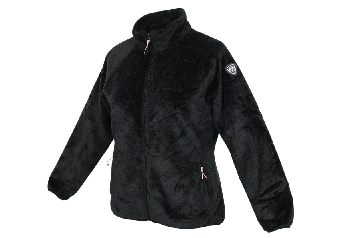 Prewornwholesale Trespass women's black soft fleece jacket with full zip, high collar, and pink zip pull details.