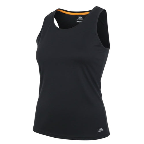 Prewornwholesale Trespass black quick-dry polyester gym tank top with orange inner neck trim
