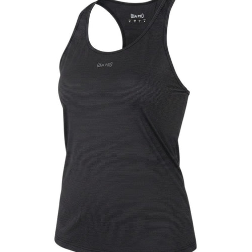 Prewornwholesale USA Pro black racerback gym tank top in moisture-wicking nylon blend fabric