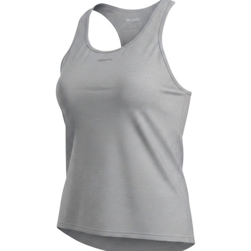 Prewornwholesale USA Pro women's grey striped polyester racerback tank top with a round neck for athletic wear.