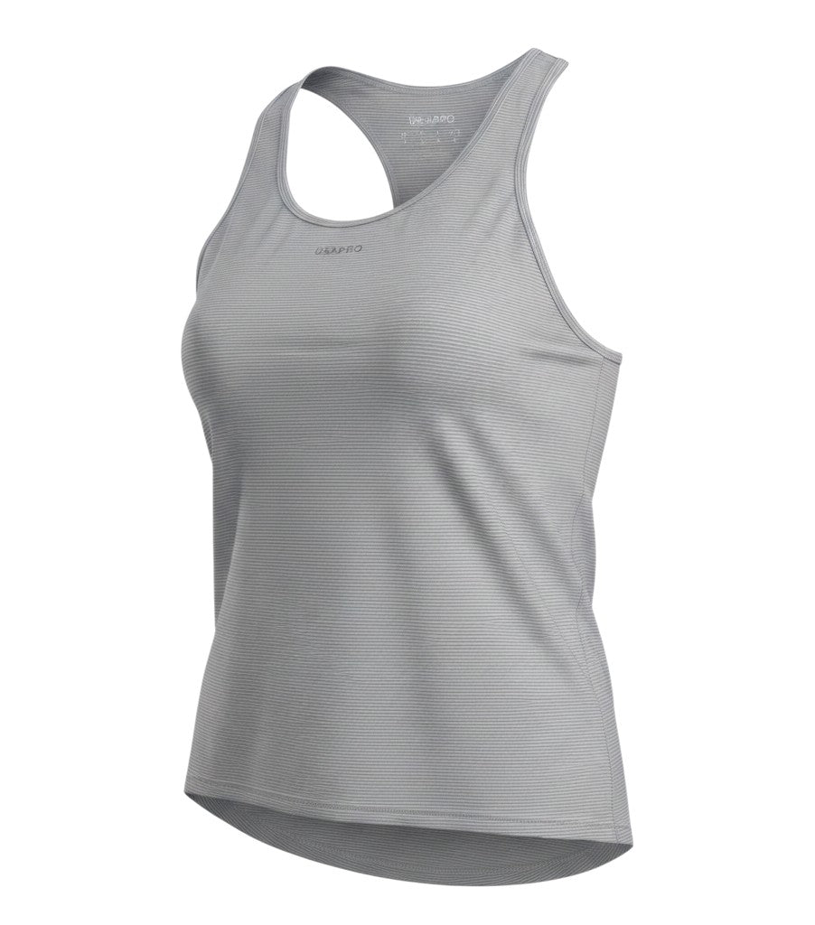 Prewornwholesale USA Pro women's grey striped polyester racerback tank top with a round neck for athletic wear.