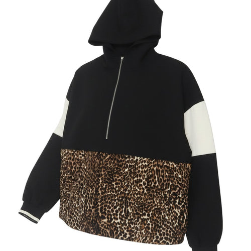 Prewornwholesale Zara Basic women's black half-zip hoodie with ivory sleeves and leopard print body panel