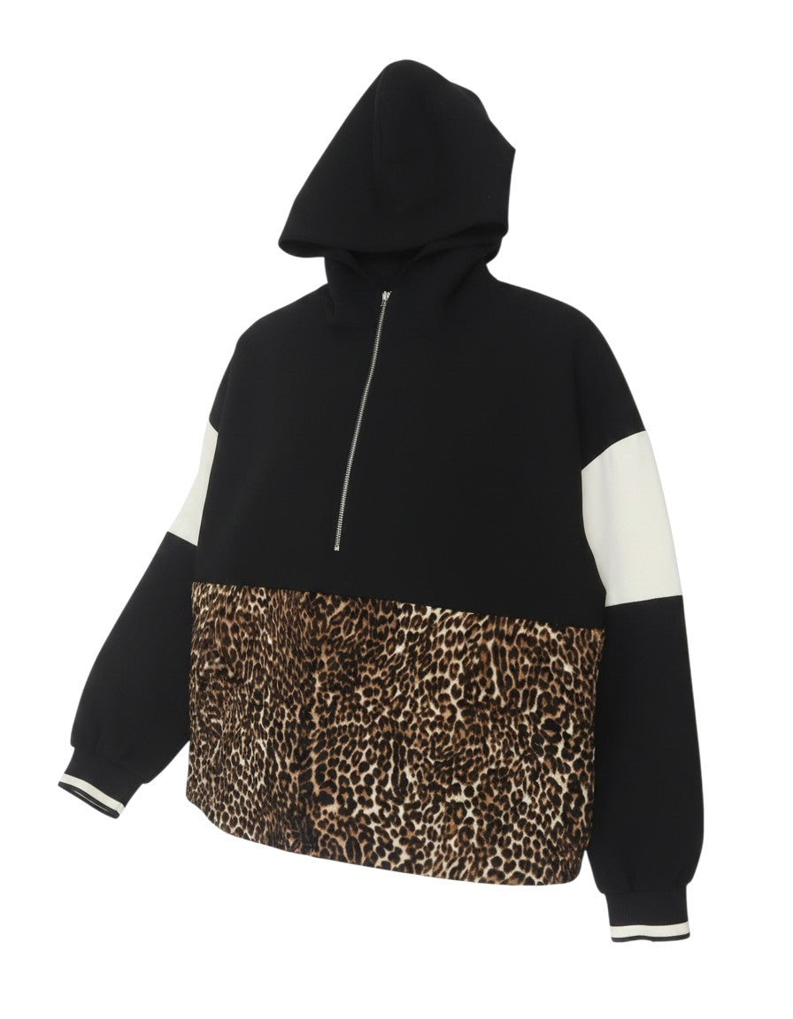 Prewornwholesale Zara Basic women's black half-zip hoodie with ivory sleeves and leopard print body panel