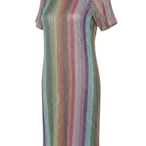 Prewornwholesale Zara midi sheath dress featuring a vibrant multicoloured vertical sequin stripe pattern and round neck