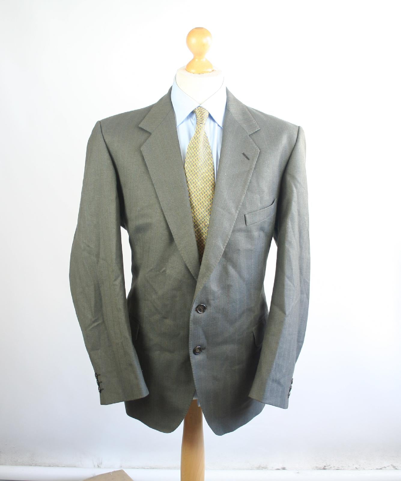 Magee Mens Green Herringbone Wool Single Breasted Suit 38/40 (Regular)