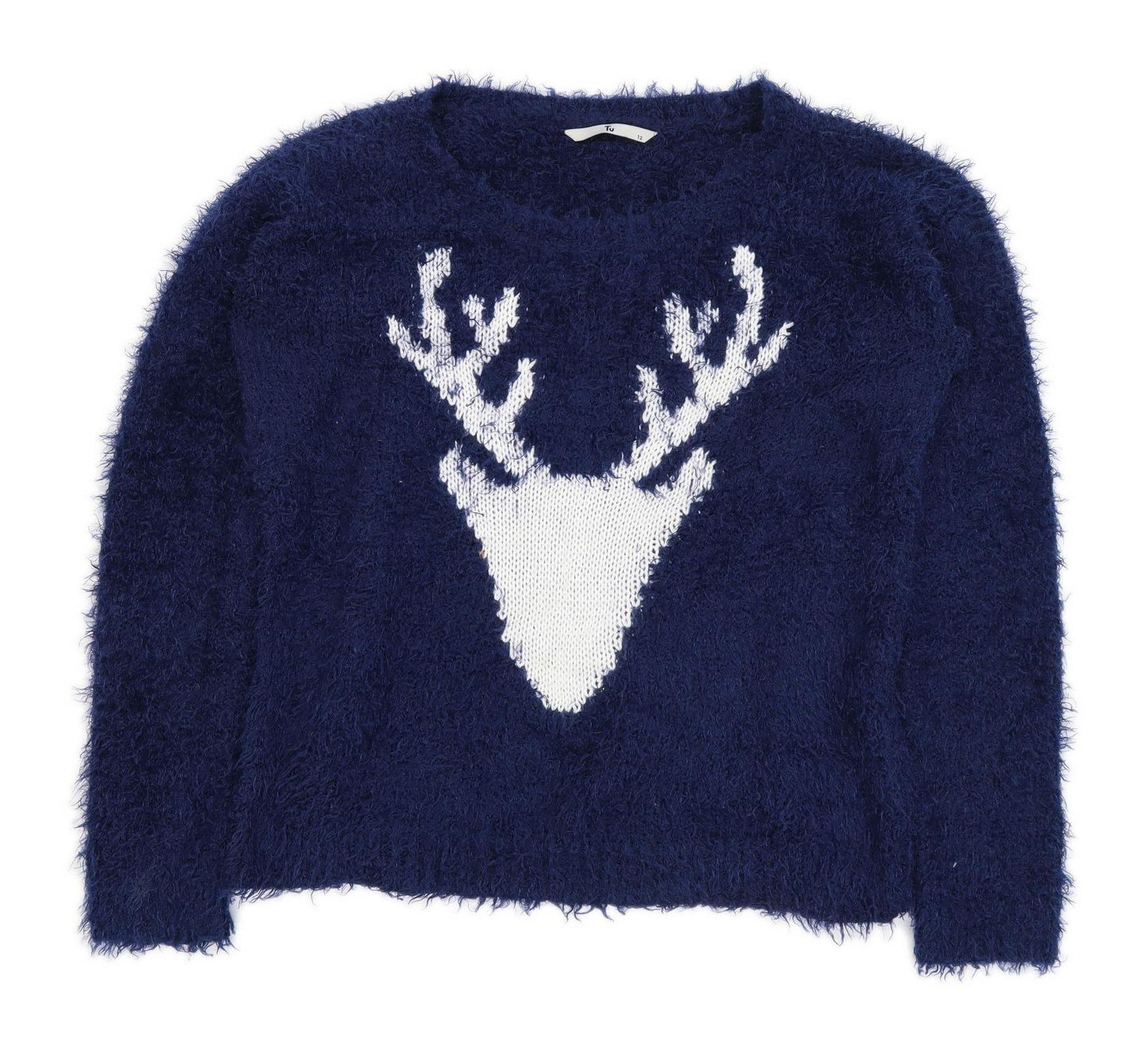 TU Womens Size 12 Graphic Blue Christmas Reindeer Jumper (Regular)