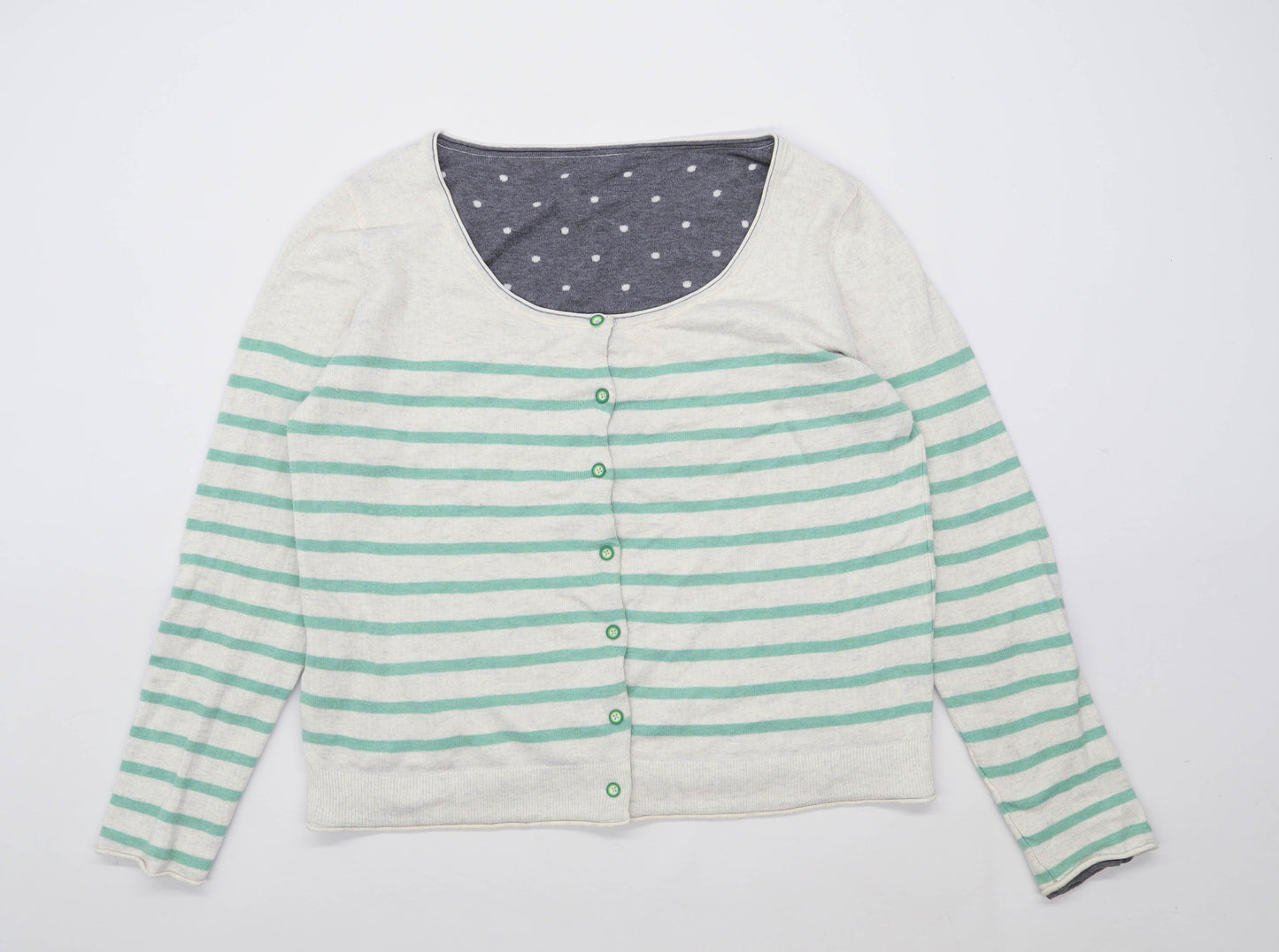 White Stuff Womens Size 14 Striped Cotton Multi-Coloured Reversable Grey, Cream And Green Spotted Cardigan (Regular)