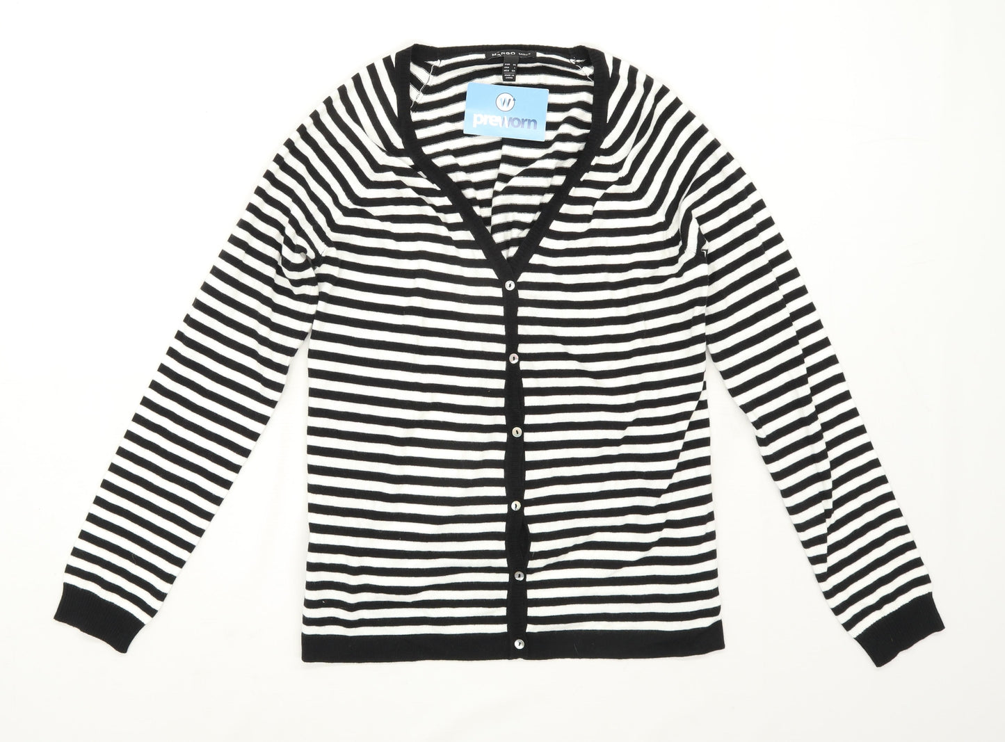 Mango Womens Size XL Striped Cotton Blend Black Cardigan (Regular)