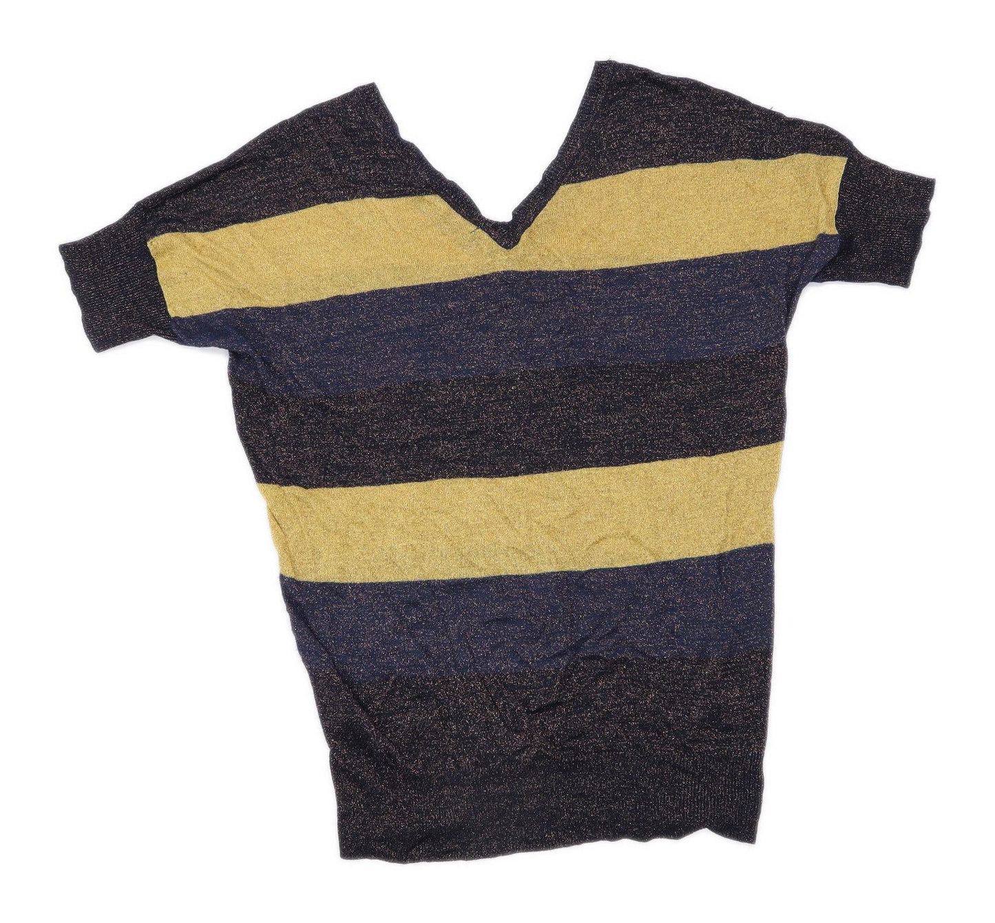 Next Womens Size 14 Striped Multi-Coloured Glitter Gold And Navy Top (Regular)