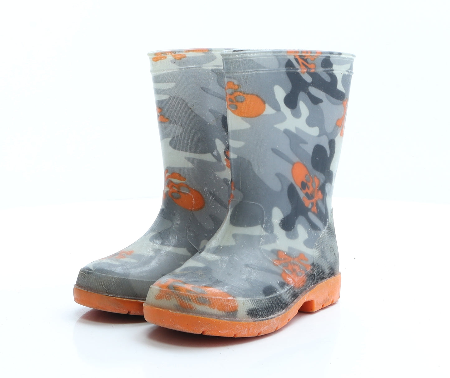 Preworn Boys Grey Camouflage Rubber Wellies Boot UK 9 - Pirate skull