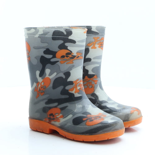 Preworn Boys Grey Camouflage Rubber Wellies Boot UK 9 - Pirate skull