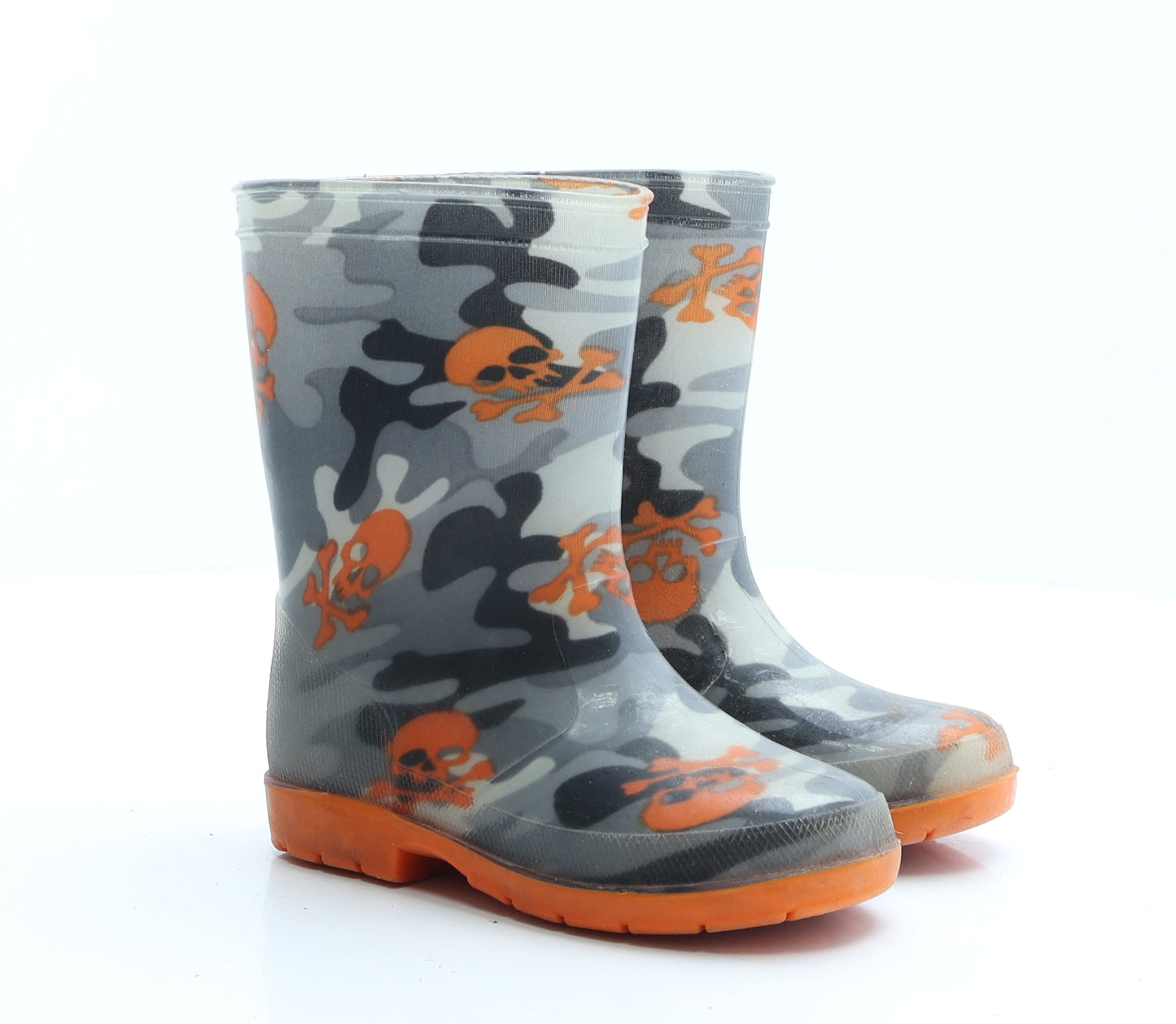 Preworn Boys Grey Camouflage Rubber Wellies Boot UK 9 - Pirate skull