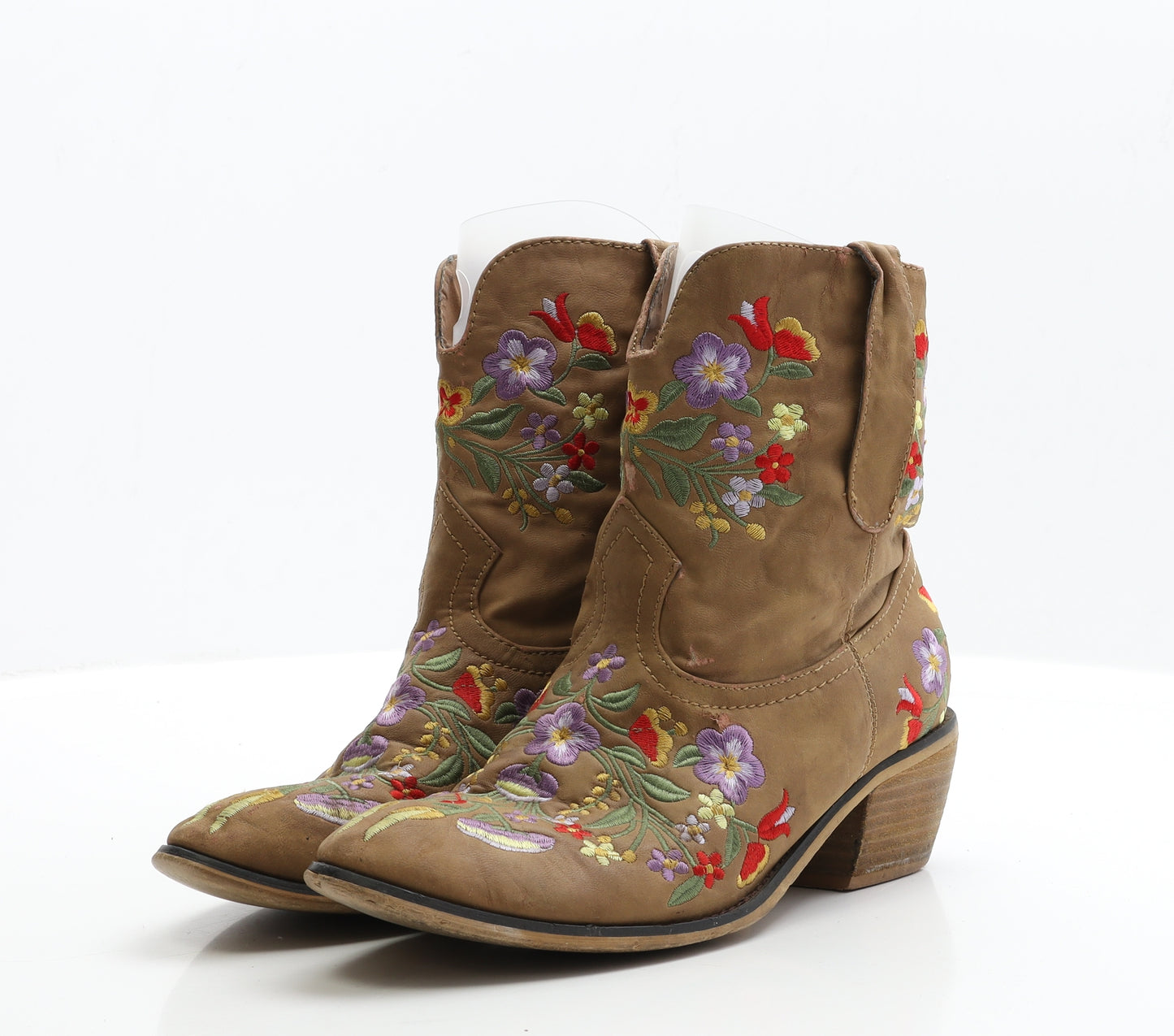 Claudia Ghizzard Womens Brown Floral Faux Leather Cowboy Boot UK 6 EUR 39