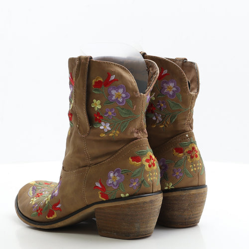 Claudia Ghizzard Womens Brown Floral Faux Leather Cowboy Boot UK 6 EUR 39