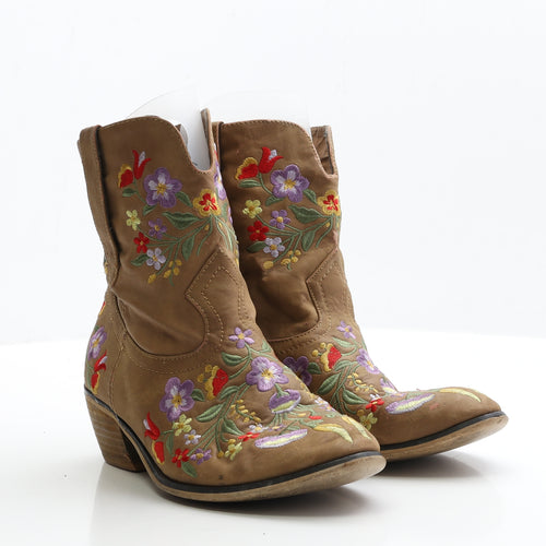 Claudia Ghizzard Womens Brown Floral Faux Leather Cowboy Boot UK 6 EUR 39