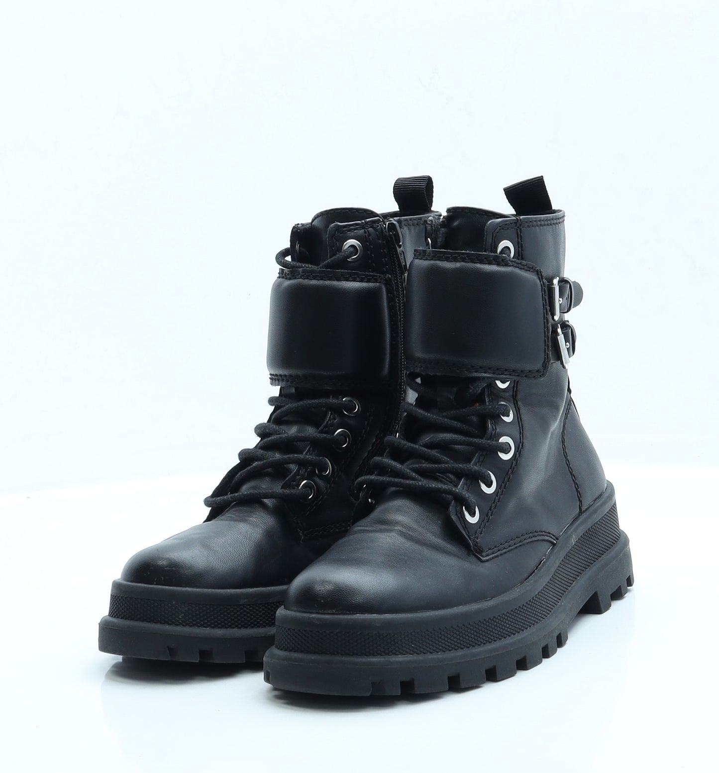 Zara Girls Black Faux Leather Combat Boot UK 1.5