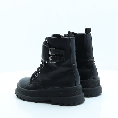 Zara Girls Black Faux Leather Combat Boot UK 1.5