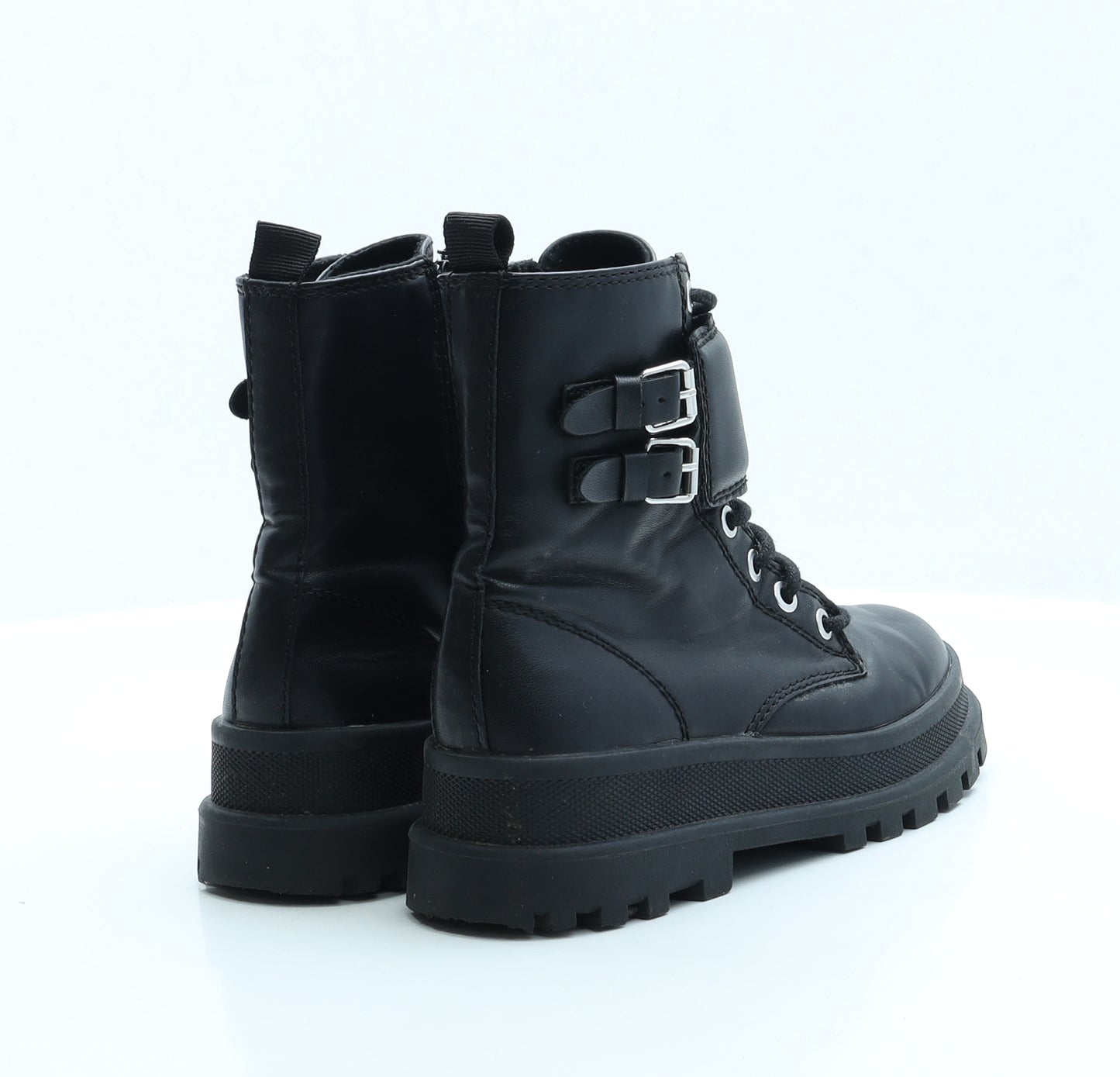 Zara Girls Black Faux Leather Combat Boot UK 1.5