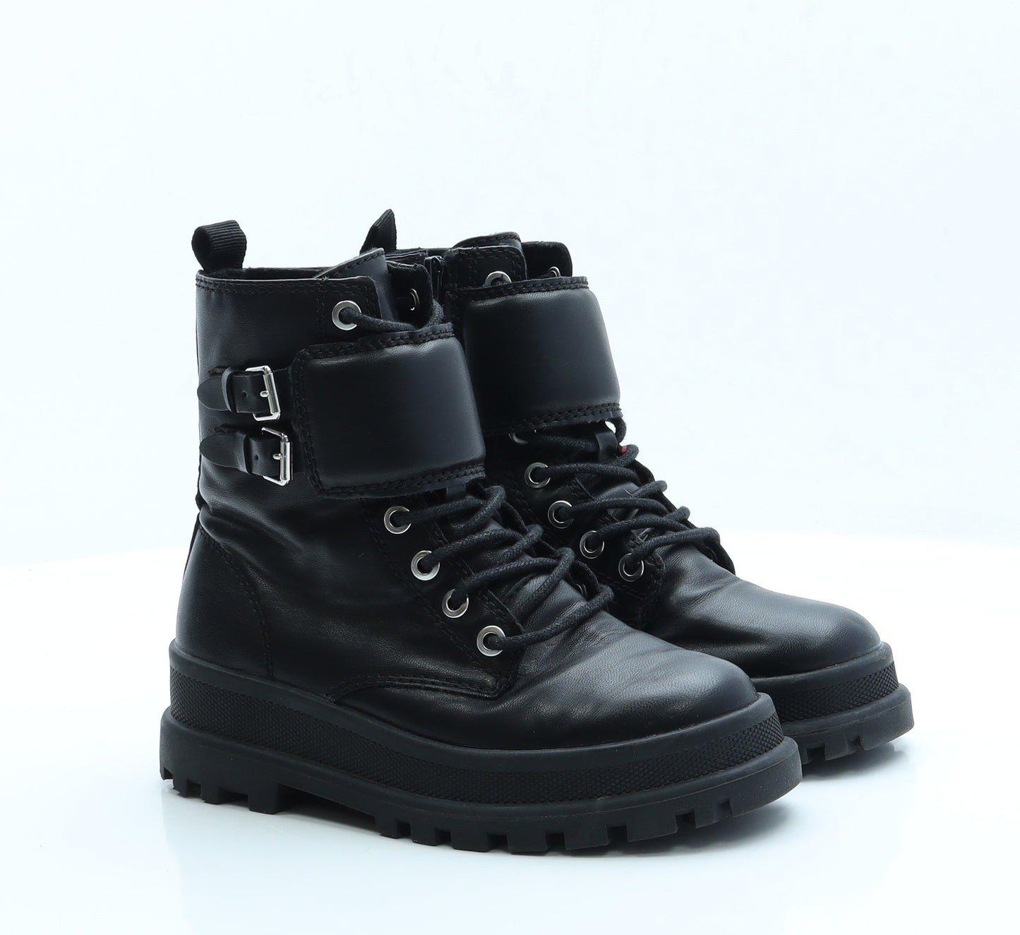 Zara Girls Black Faux Leather Combat Boot UK 1.5
