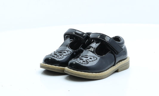 F&F Girls Black Patent Leather Strappy Flat UK 4 EUR 20