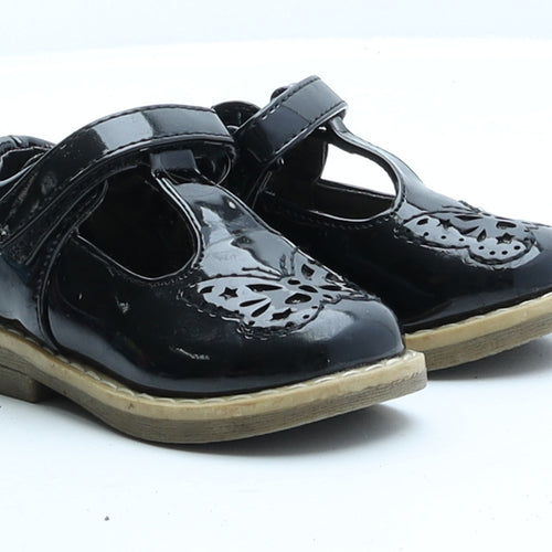 F&F Girls Black Patent Leather Strappy Flat UK 4 EUR 20