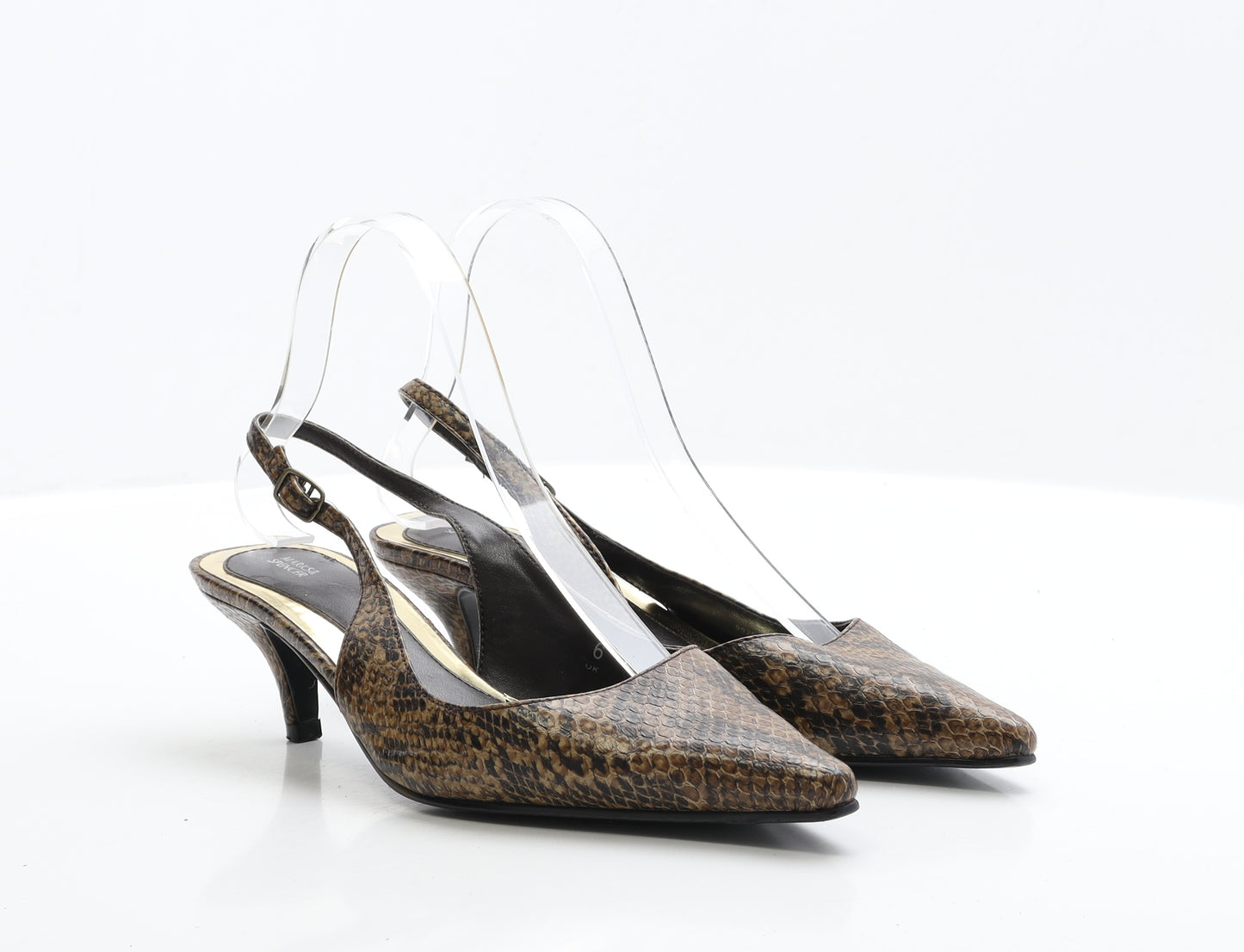 Marks and Spencer Womens Brown Animal Print Faux Leather Slingback Heel UK 6 EUR 39.5