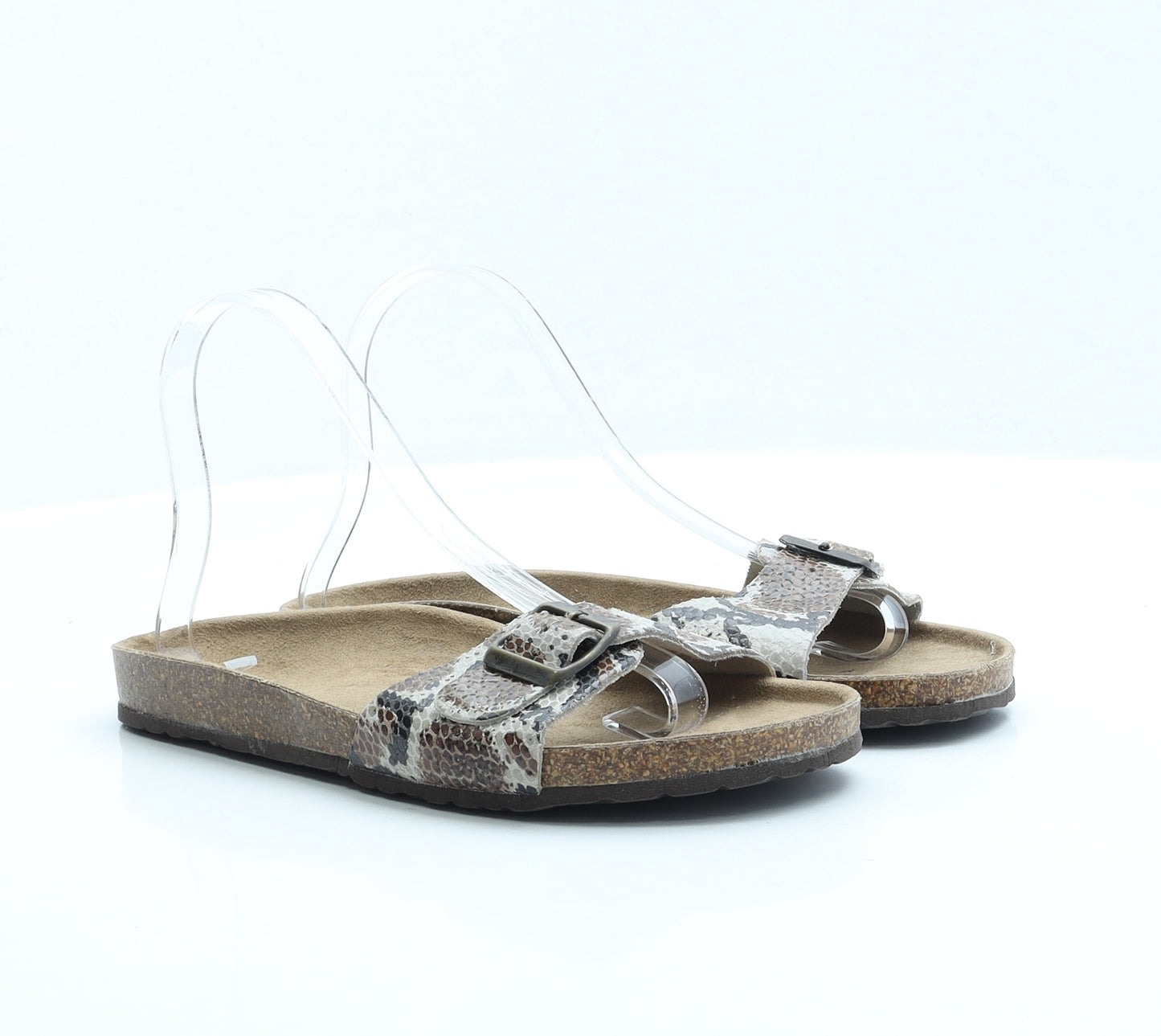 F&F Womens Brown Animal Print Leather Slip On Sandal UK 6 EUR 39