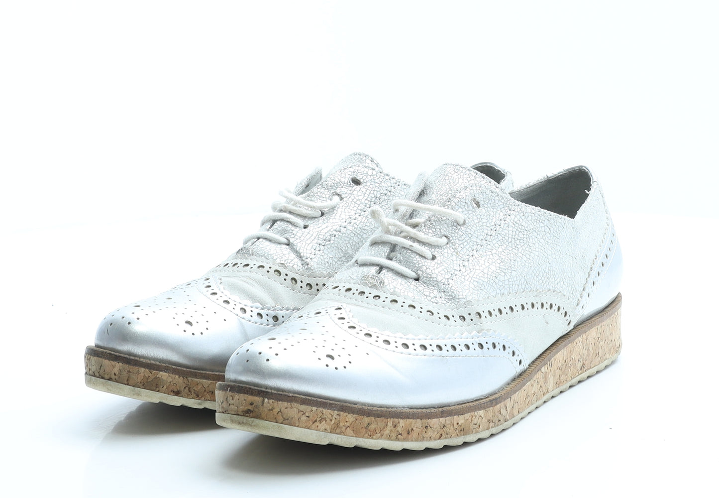 Marco Tozzi Womens Silver Faux Leather Flat UK 8 EUR 41 - Brogue Style