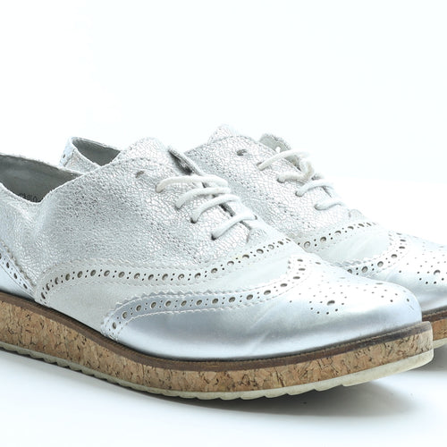 Marco Tozzi Womens Silver Faux Leather Flat UK 8 EUR 41 - Brogue Style