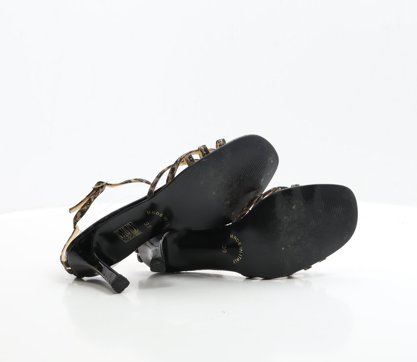 Preworn Womens Black Animal Print Polyester Strappy Heel UK 6 EUR 39