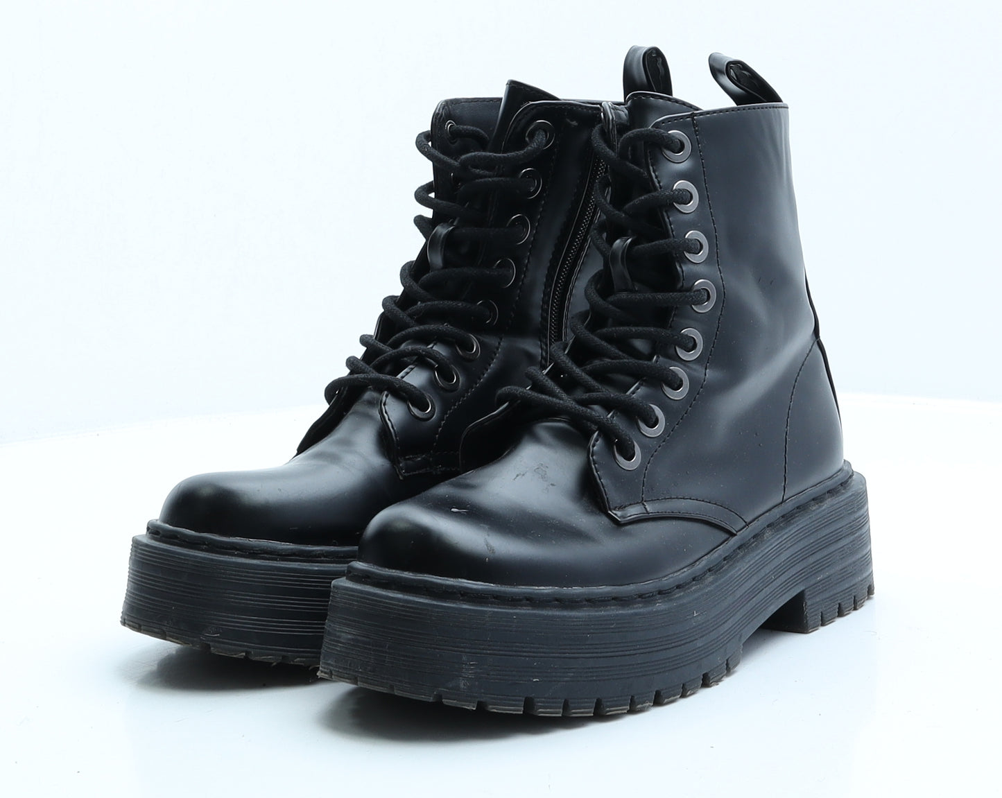 Primark Womens Black Faux Leather Combat Boot UK 3 EUR 36