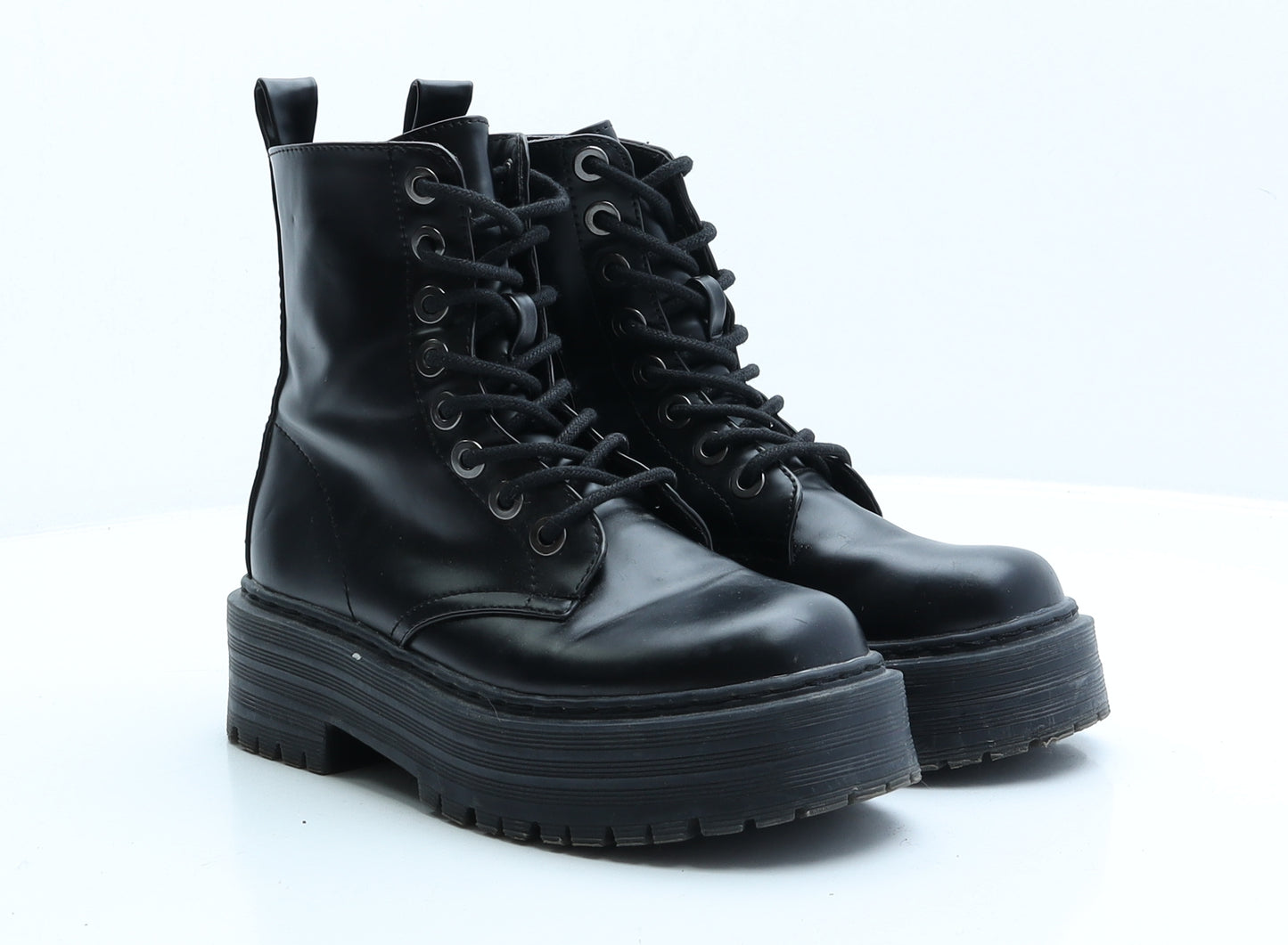 Primark Womens Black Faux Leather Combat Boot UK 3 EUR 36