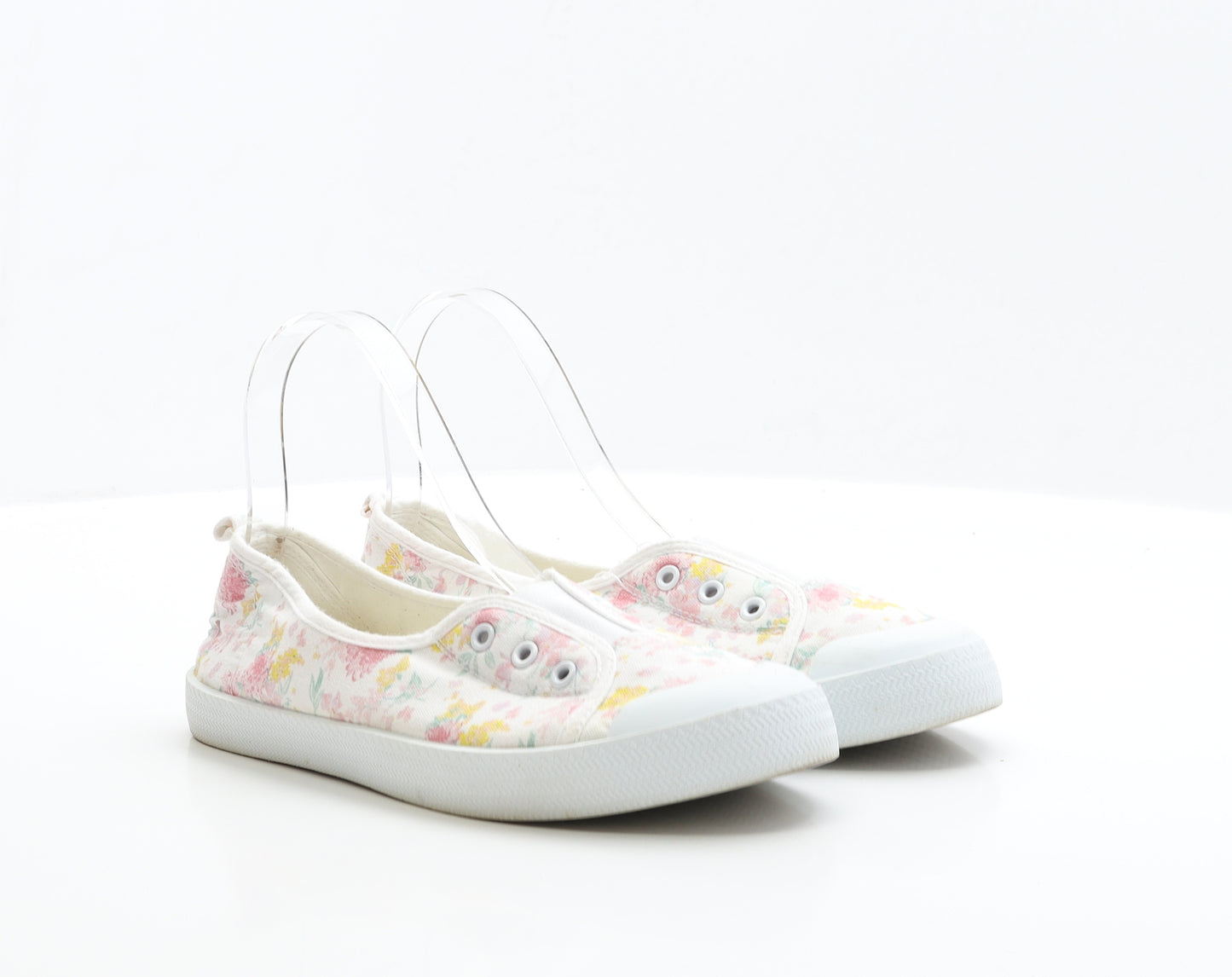 F&F Womens White Floral Fabric Slip On Flat UK 5 EUR 38