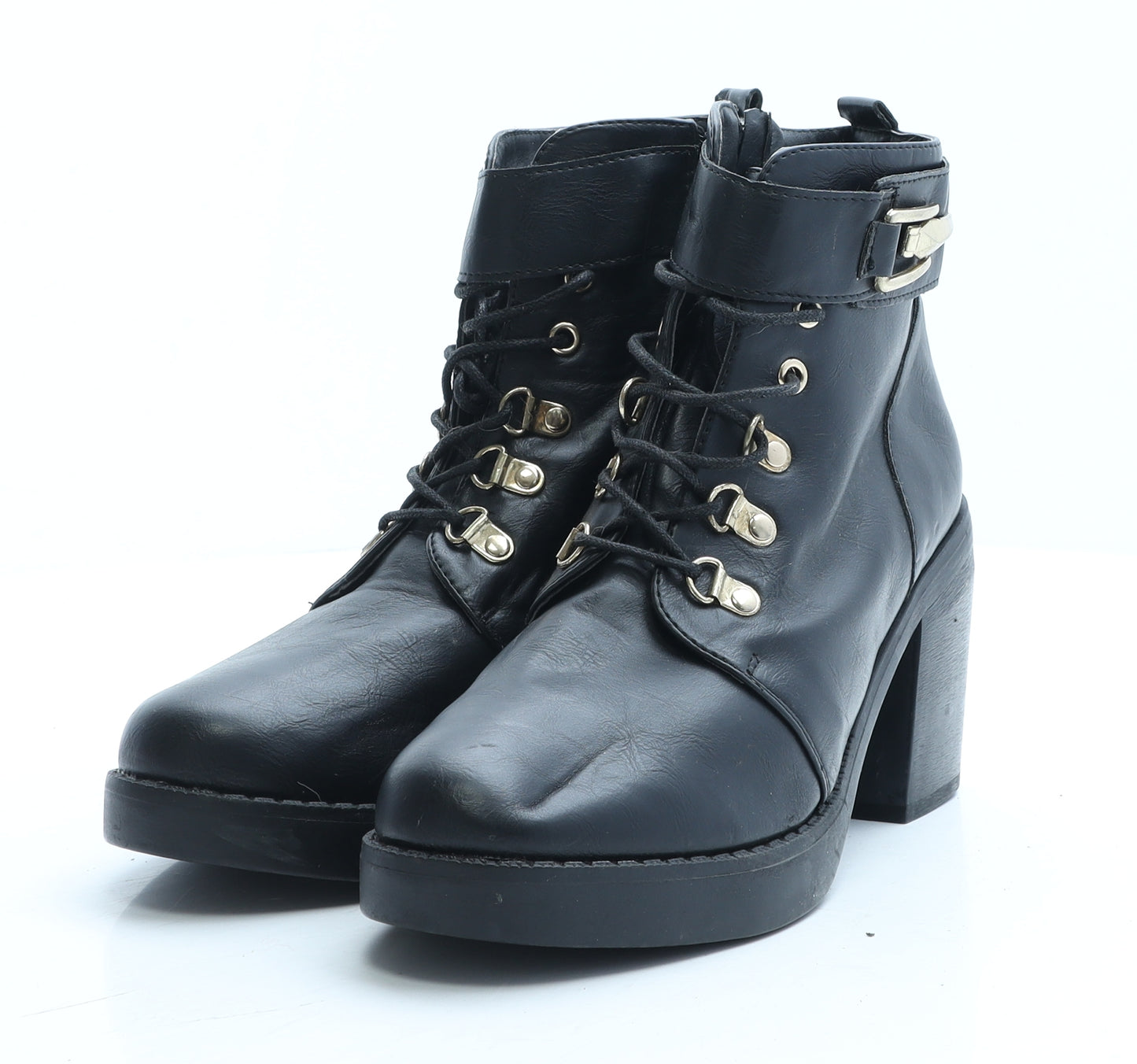 shoeFashionista.com Womens Black Faux Leather Combat Boot UK 7