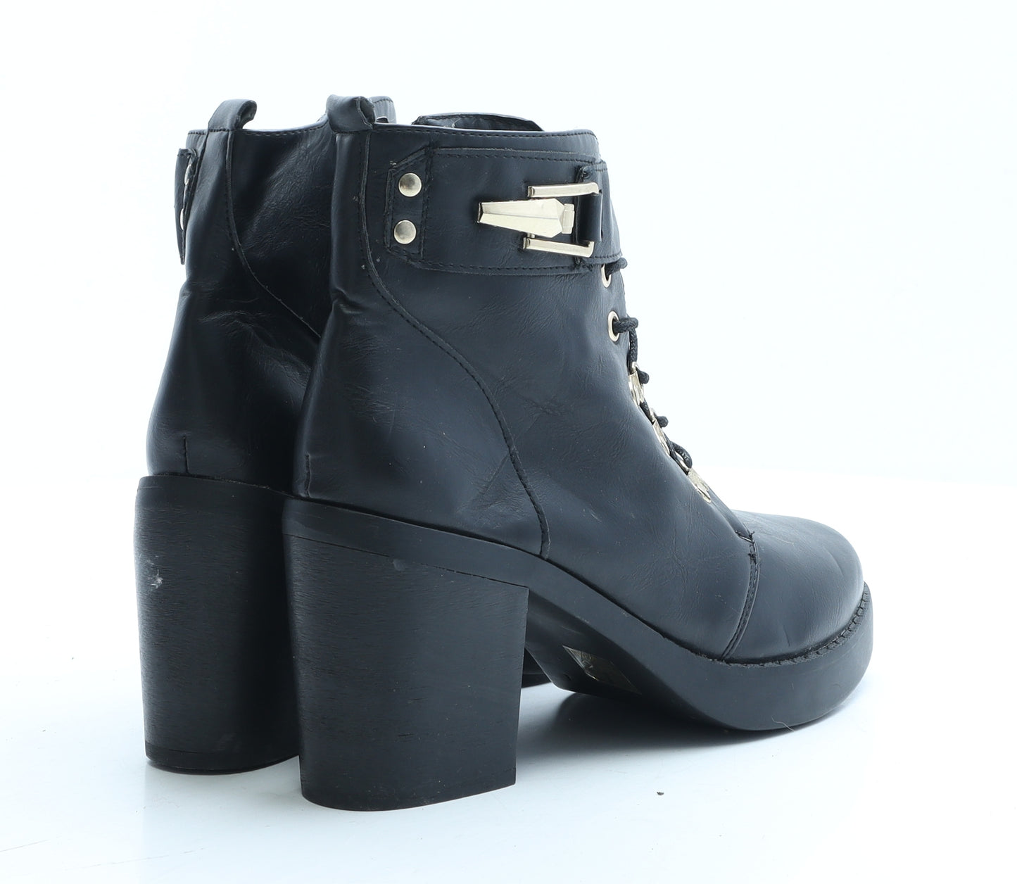 shoeFashionista.com Womens Black Faux Leather Combat Boot UK 7