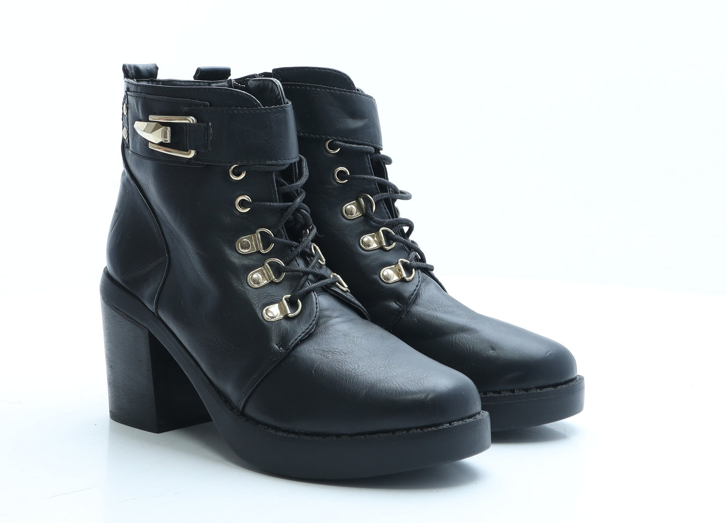 shoeFashionista.com Womens Black Faux Leather Combat Boot UK 7