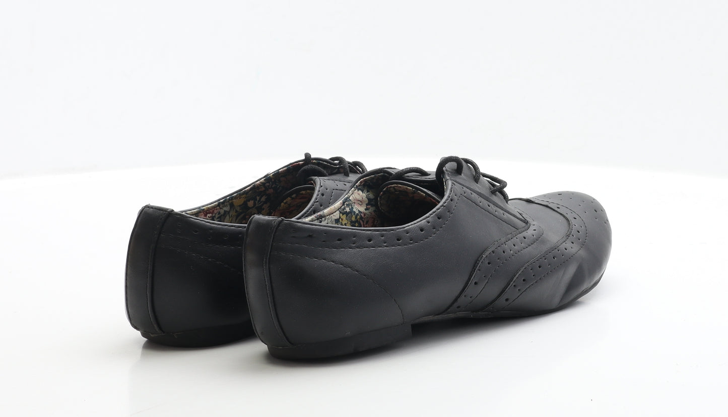 Lilley Womens Black Faux Leather Flat UK 6 - Brogue Style