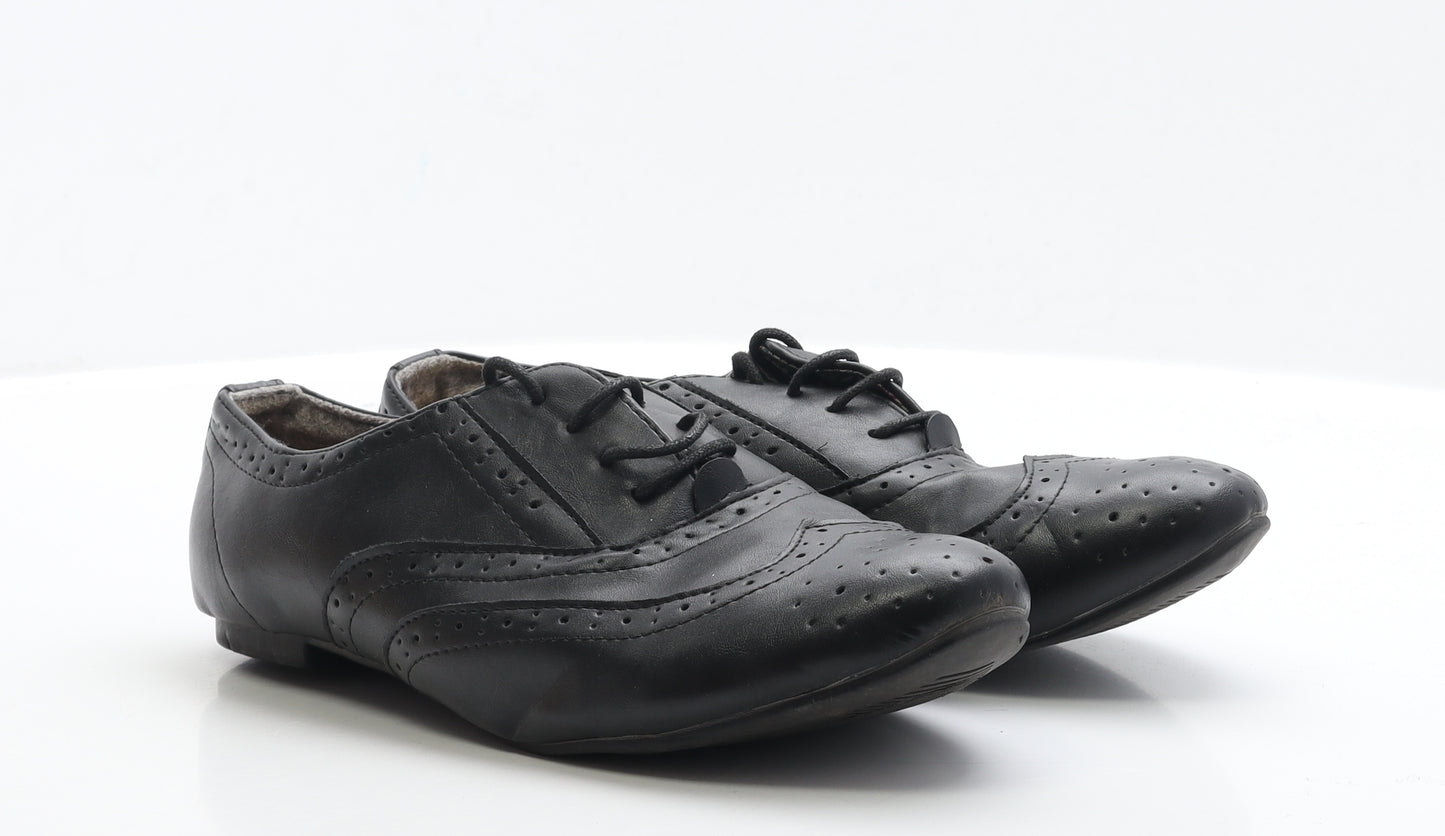 Lilley Womens Black Faux Leather Flat UK 6 - Brogue Style