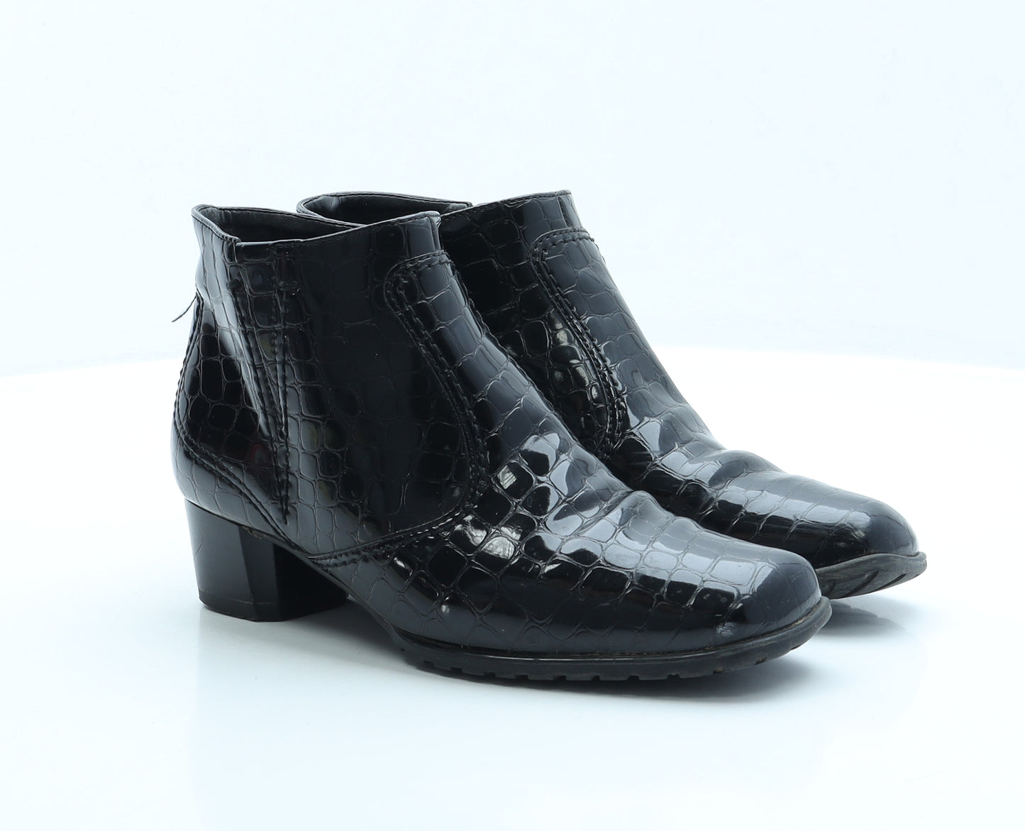 Preworn Womens Black Animal Print Vinyl Bootie Boot UK 4