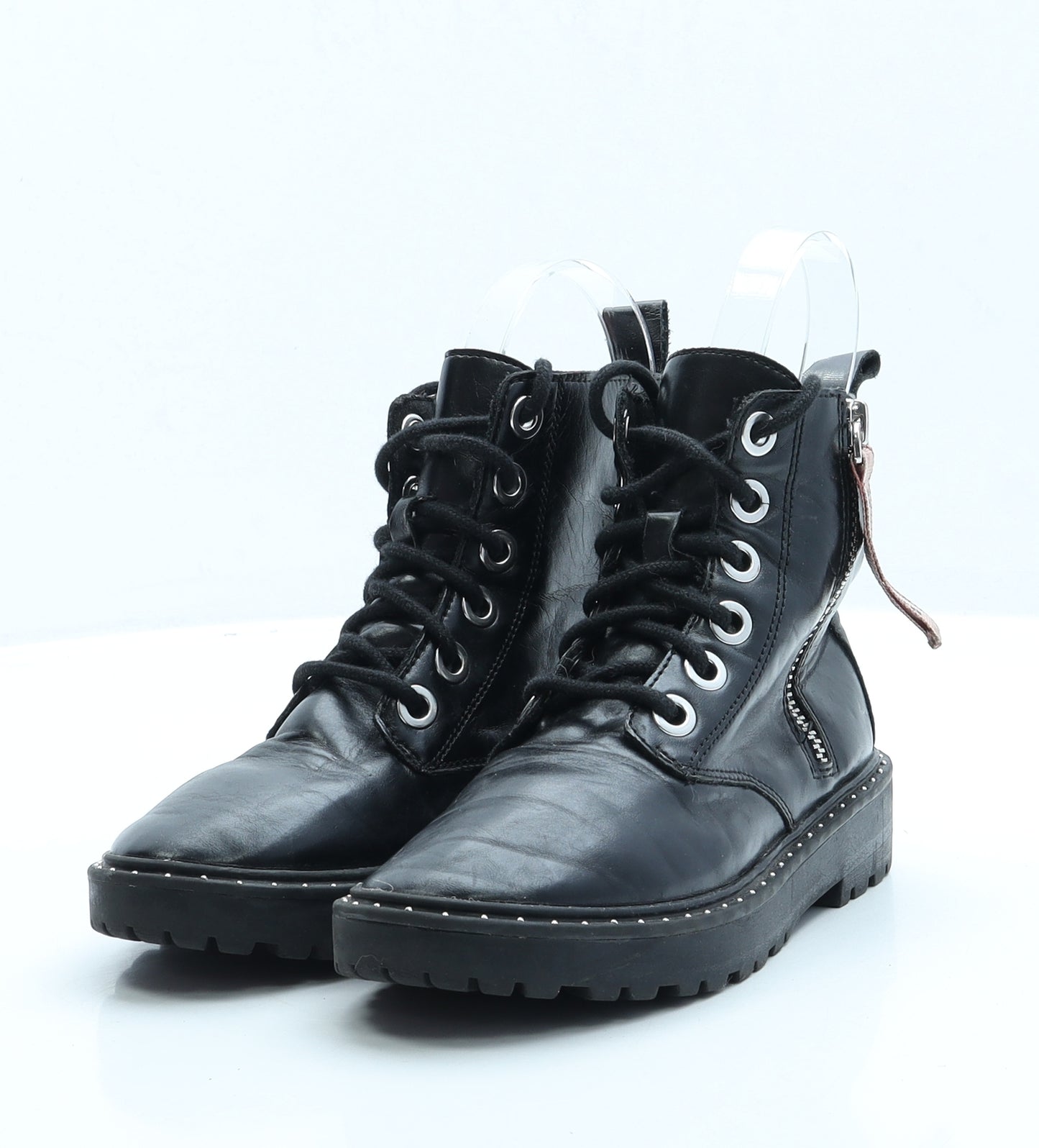 Zara Girls Black Faux Leather Combat Boot UK 1