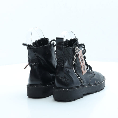 Zara Girls Black Faux Leather Combat Boot UK 1