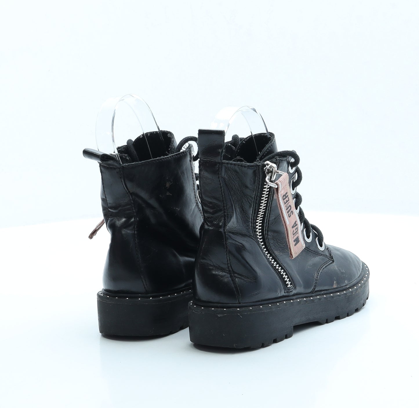 Zara Girls Black Faux Leather Combat Boot UK 1
