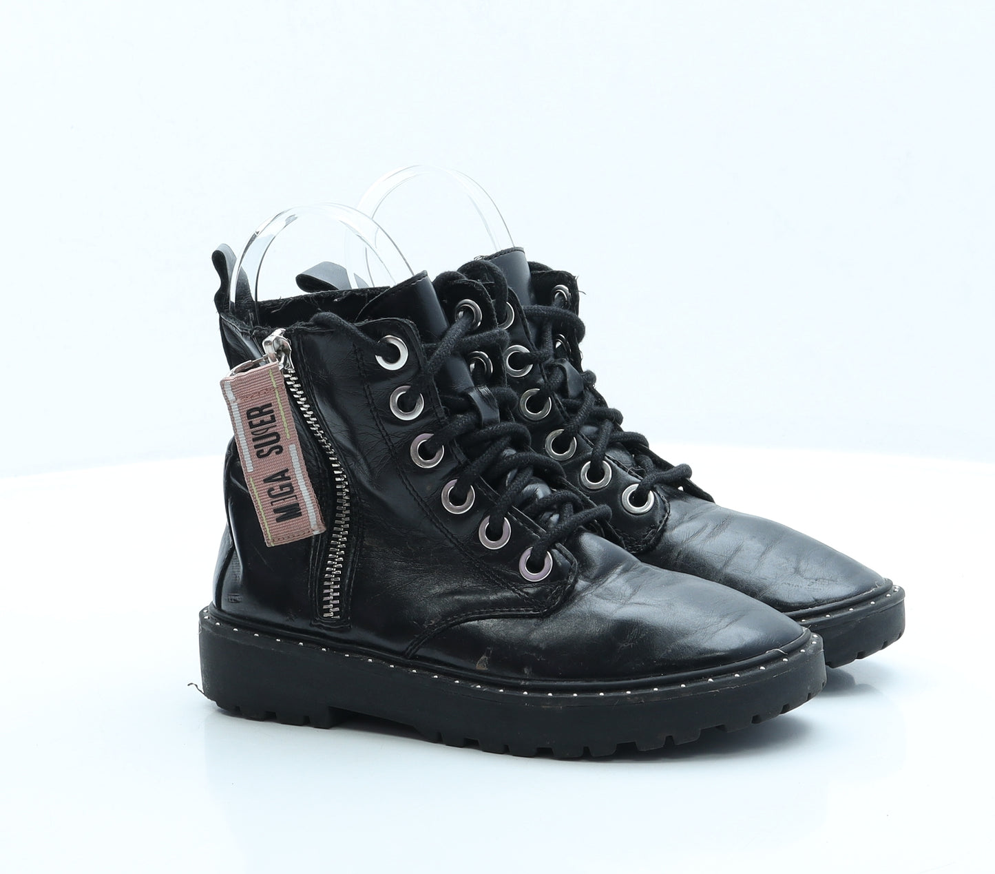 Zara Girls Black Faux Leather Combat Boot UK 1