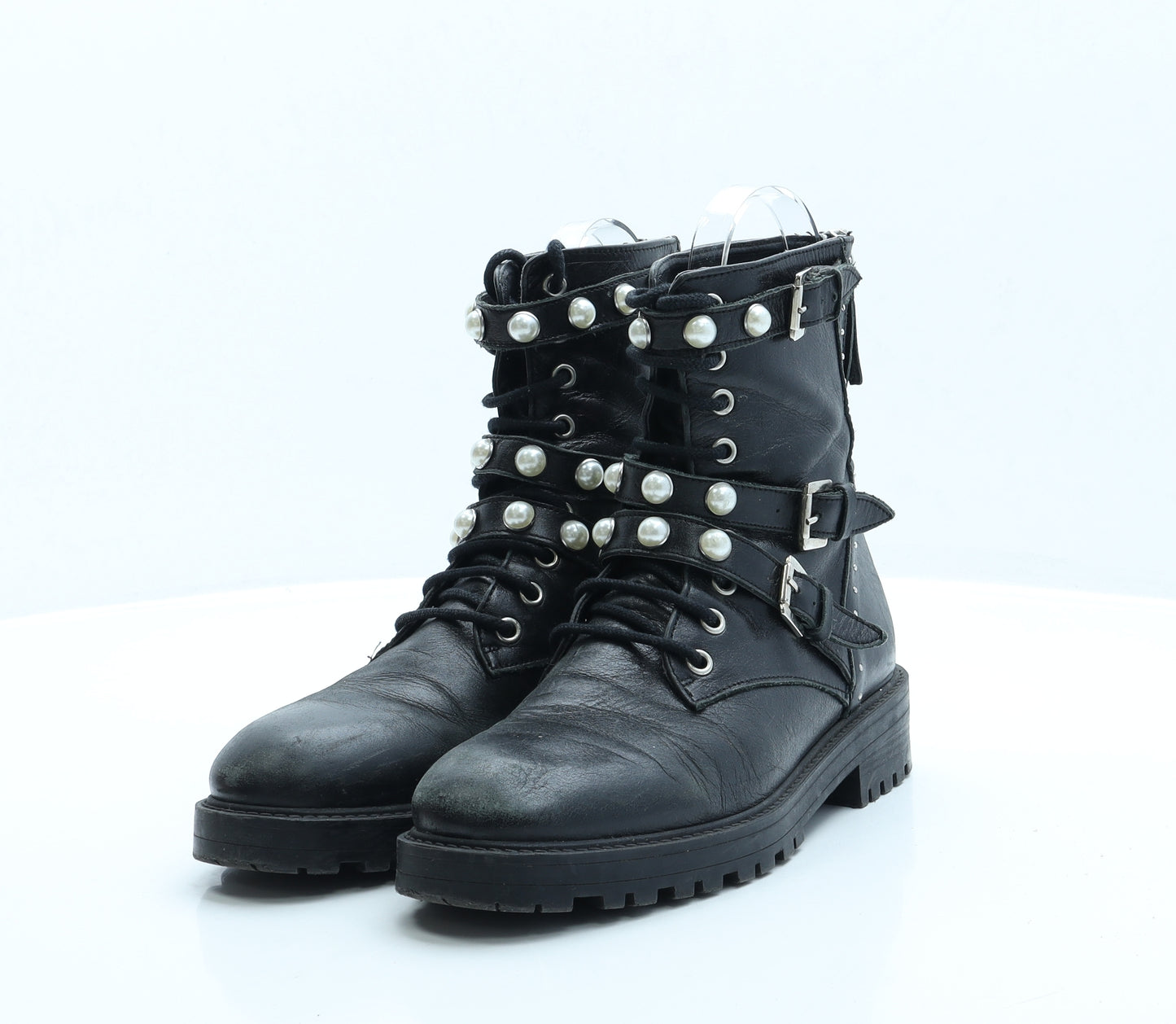 Zara Womens Black Faux Leather Combat Boot UK 4 EUR 37