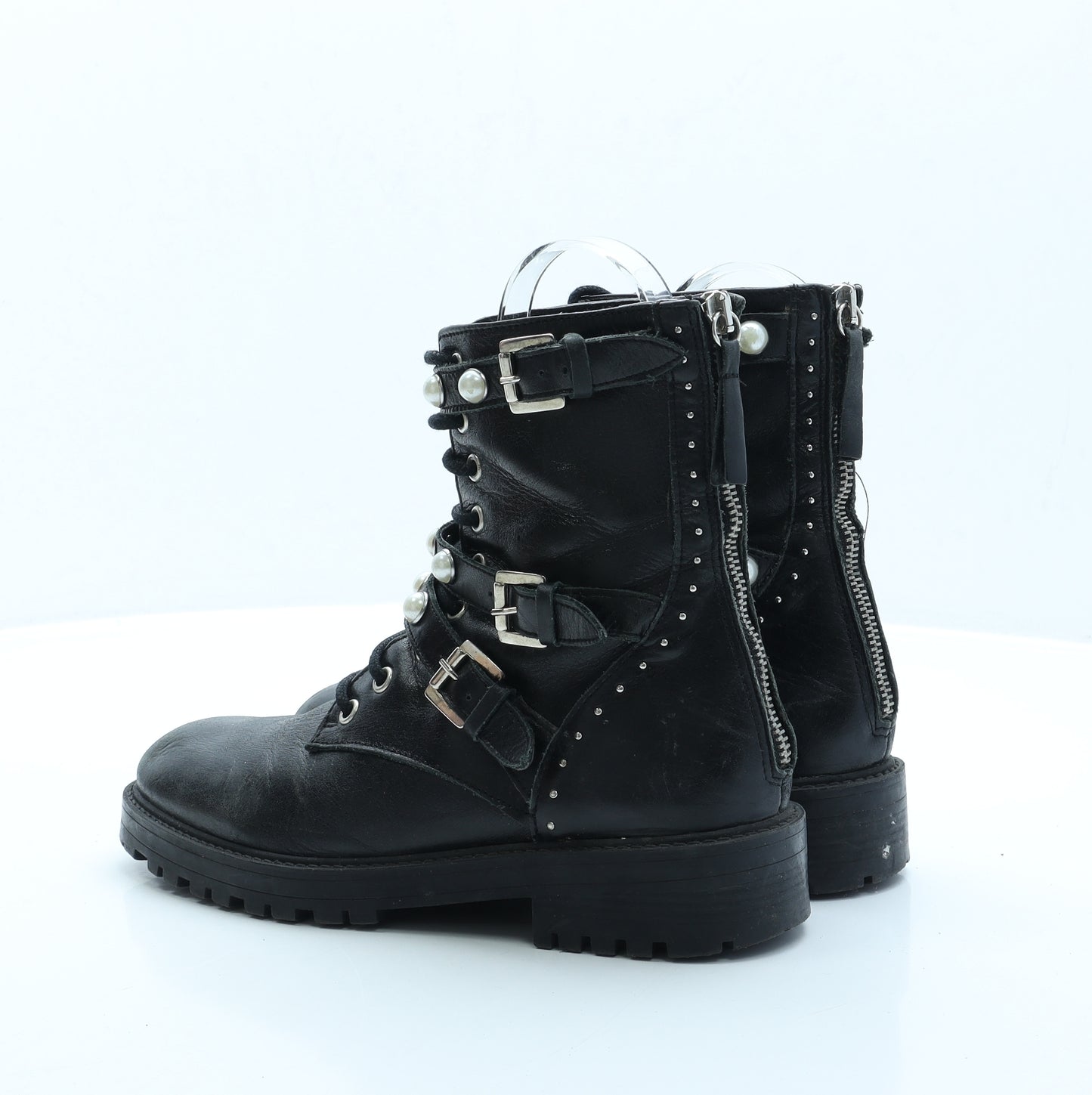 Zara Womens Black Faux Leather Combat Boot UK 4 EUR 37