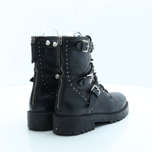 Zara Womens Black Faux Leather Combat Boot UK 4 EUR 37