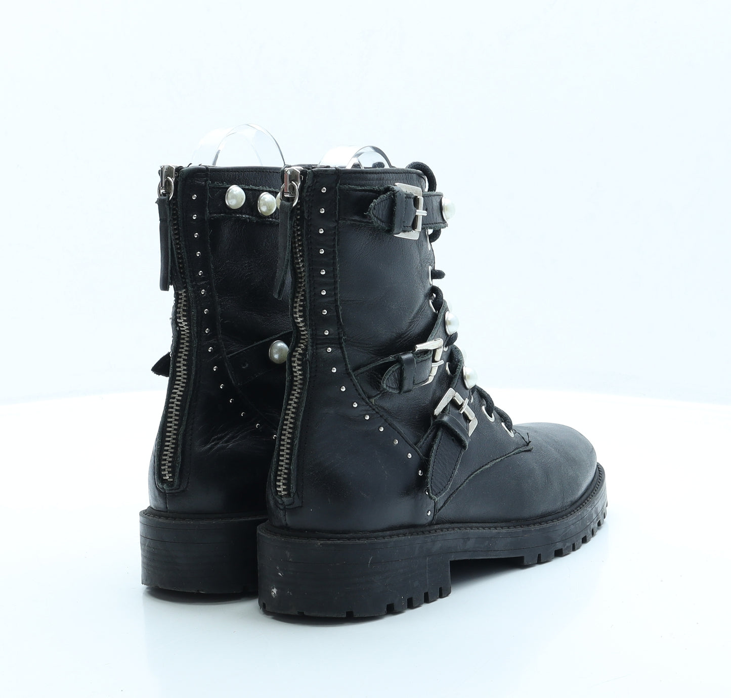 Zara Womens Black Faux Leather Combat Boot UK 4 EUR 37